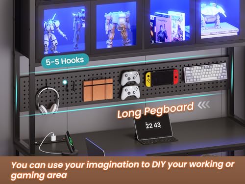 SEDETA L Shaped Gaming Desk with Drawers, L Shaped Computer Desk with Hutch and Storage Shelves, Gaming Desk with Pegboard, Led Lights, and Power Outlet, Home Office Desk, Corner Desk, Rustic Brown