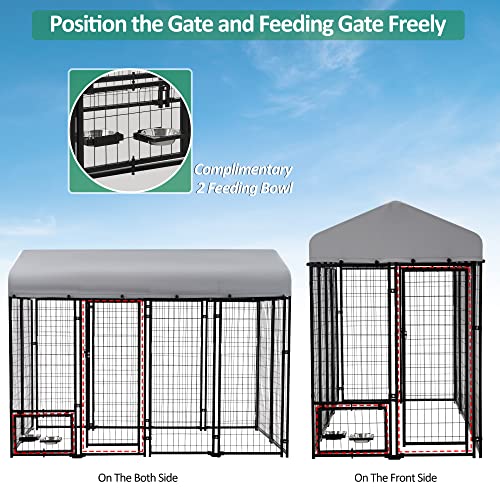 AHB Large Dog Kennel Outdoor Dog House, Heavy Duty Welded Wire Steel Fence Dog Cage with Waterproof UV-Resistant Cover, Feeding Door and Secure Lock (8x4x6 ft)