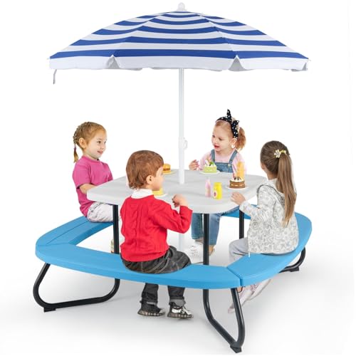 KOTEK 8-Person Kids Picnic Table, Toddler Activity Table with Removable Umbrella, 4 Built-in Benches, HDPE Top & Metal Frame, Kids Outdoor Table for Patio Garden Backyard (Blue+Red)