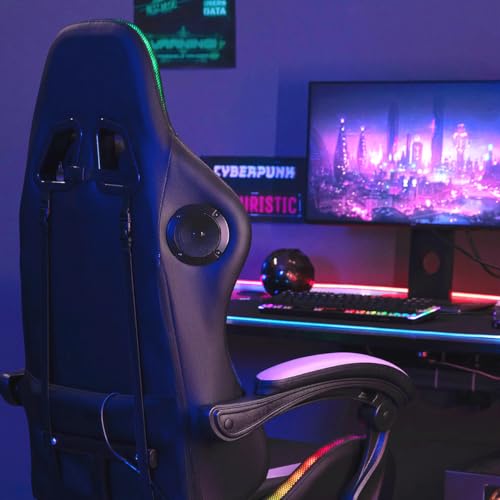 HOFFREE Gaming Chair Massage with Bluetooth Speakers and Led Lights Ergonomic Computer Gaming Chair with Footrest RGB Video Game Chair with High Back Lumbar Support Blue and Black