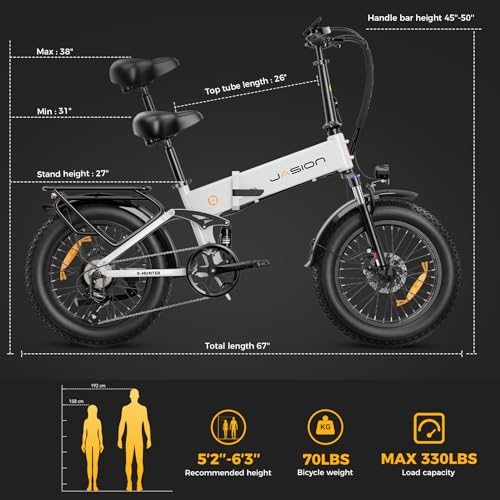 Jasion X-Hunter Electric Bike for Adults,1400W Peak Motor 30MPH Max Speed,624WH Removable Battery Full Suspension 20 * 4.0 Fat Tire Foldable Ebike, 7-Speed Bicycles,with Basket and Cable Lock