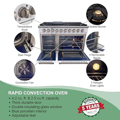 Akicon 48 Inch Freestanding Gas Range - 6.7 cu. ft. Double Rapid Convection Gas Oven with Blue Porcelain Interior - Gas Stove with 8 Sealed Burners & a Griddle, Heavy Duty Cast Iron Grates