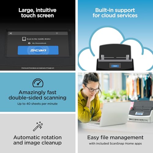 ScanSnap iX1600 Wireless or USB High-Speed Cloud Enabled Document, Photo & Receipt Scanner with Large Touchscreen and Auto Document Feeder for Mac or PC, 17 watts, Black