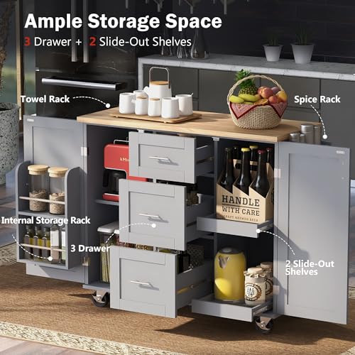 Farmhouse Kitchen Island With Storage Large Kitchen Island With Drop Leaf Rolling Kitchen Island With 3 Drawer 2 Slide-Out Shelf And Internal Storage Rack White Kitchen Island For Restaurants