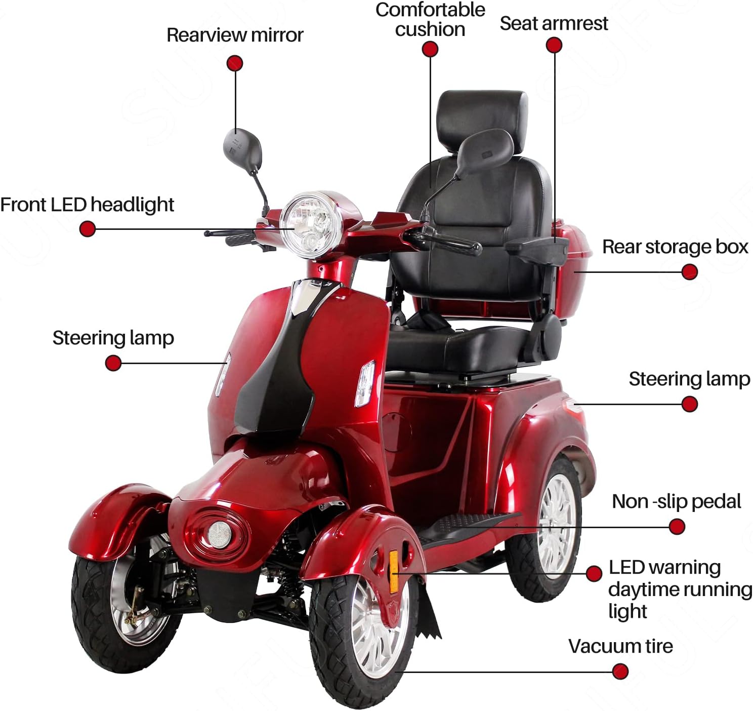 Powered Medical Mobility Scooter with Adjustable Seat Four Wheels for Adults & Seniors,Adult Electric Powered Wheelchair Device,Father's Day Gift，Heavy Duty Mobile Scooter，Red