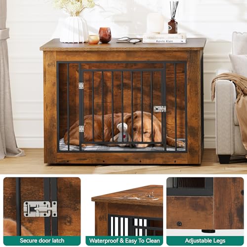 YITAHOME Dog Crate Furniture for Large Dogs, Side End Table, Modern Dogs Kennel Indoor up to 60 lb, 2-in-1 Iron-Wood Fusion Dog Cage with Waterproof Top, Safety Corners, Steel Lock,38"L, Rustic Brown