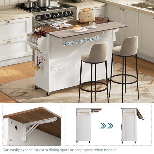 Kitchen Island with Drop Leaf, Kitchen Cart with Charging Station, Kitchen Table with Storage, Rolling Island Table with 3 Drawers, Towel Rack and Spice Rack, White and Walnut