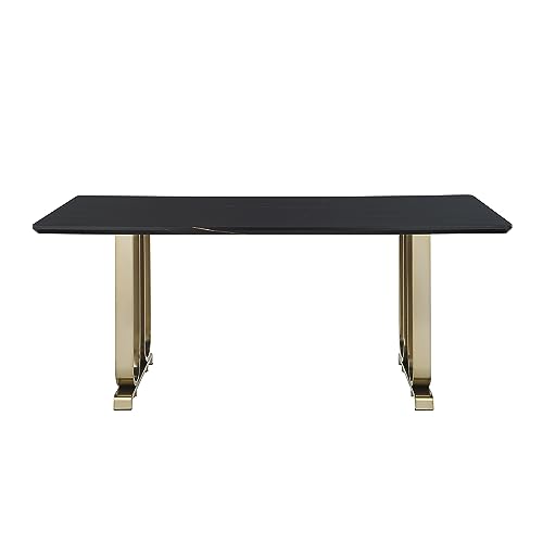 Faux Marble Dining Table for 6 Person, 63" Marble Kitchen Table with Craft Glass Tabletop and Black Legs, Luxury Large Long Dining Room Table for Home Kitchen Office (Table Only)