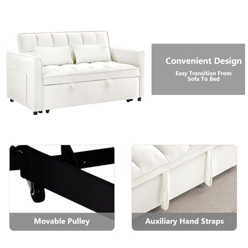 3 in 1 Convertible Sleeper Sofa Bed,Futon Loveseat Couch with Pull-Out Bed & Adjustable Backrest,Velvet Fabric Sofa with Side Pocket for Small Apartment, Living Room, Office (Black)