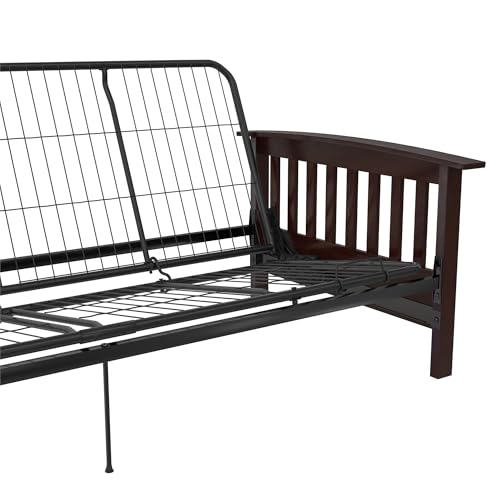 REALROOMS Elbi Full Size Wood Arm and Black Metal Futon Frame, Brown