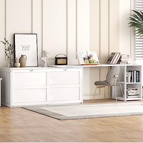 Queen Size Murphy Bed with Rotable Desk, Floor Low Murphy Bed with Desk, Wood Murphy Bed Folding Wall Bed for Home Office Small Room, White