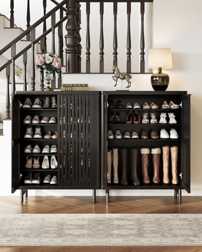 LITTLE TREE 6-Tier Shoe Cabinet with Doors for Up to 24 Pairs, Large Wooden Shoe Storage Cabinet with Adjustable Shelves, Retro Freestanding Shoe Organizer Cabinet for Entryway, Hallway, Dark Walnut