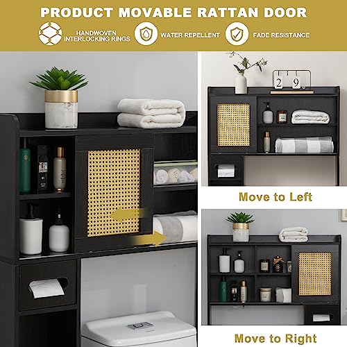 6Tier Over The Toilet Storage Cabinet, Freestanding above Toilet Space Saver Rack w/Adjustable Shelves, Sliding Door, Multifunctional Over Toilet Organizer for Bathroom (White)