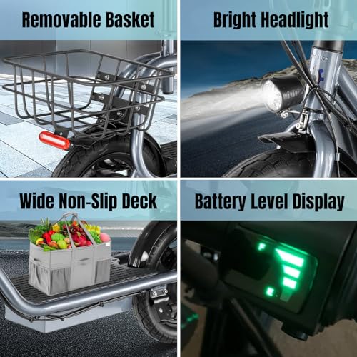 Caroma Peak 500W/800W/1200W Electric Scooter with Seat, Max 15/20/30Miles Range&20MPH, 14" Tires Foldable Adult Electric Scooter with Basket for Pets & Cargo, Dual Shock Absorbing Ebike for Commuting