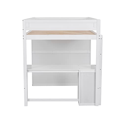 Full Size Loft Bed with Storage Wardrobe and Desk Wooden Loft Beds Frame with Drawers and Cabinet Wood High Loft Beds with Ladder for Kids Teens Adults, White