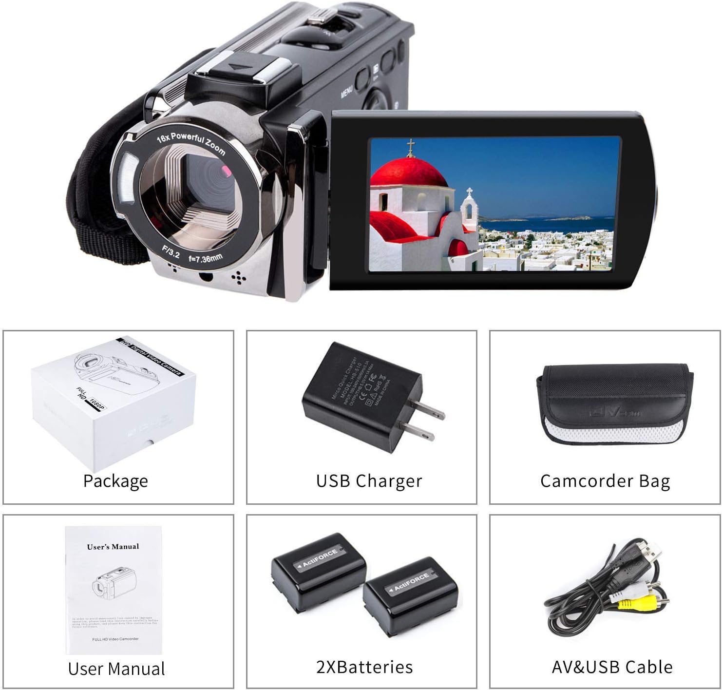 Video Camera Camcorder Digital Camera Recorder kicteck Full HD 1080P 15FPS 24MP 3.0 Inch 270 Degree Rotation LCD 16X Zoom Camcorder with 2 Batteries(604s) Pack of 2