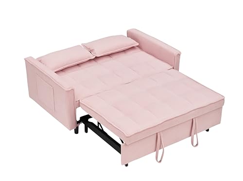 Pull-Out Corduroy Sofa Bed, 3-in-1 Convertible Sleeper Chair Couch Bed, Love seat Chaise Lounge with Side Pockets for Living Room, Bedroom, Office (Beige)