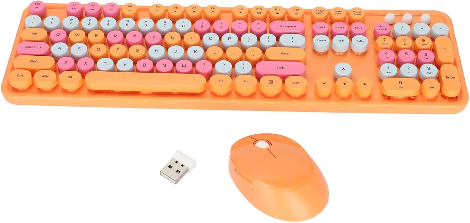 Wireless Keyboards Mouse Combo,Colorful Sweet Mixed Color Cute Keyboard,104 Keys Desktop Game Keyboard Mouse Kit,with Retro Round Keycaps,for Windows XP/7/8/10(Milk Tea)