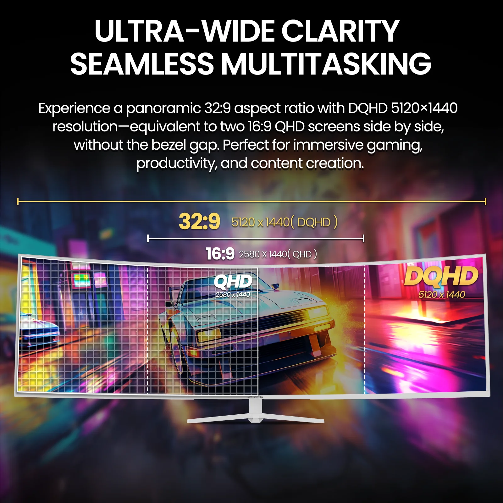 CRUA 49 Inch Ultra-Wide Curved Gaming Monitor, 120Hz, DQHD (5120x1440p), 1500R,FreeSync, 32:9, 120% sRGB, HDMI &amp; DP, Height adjustable, Built-in Speakers, Wall Mount Install, White