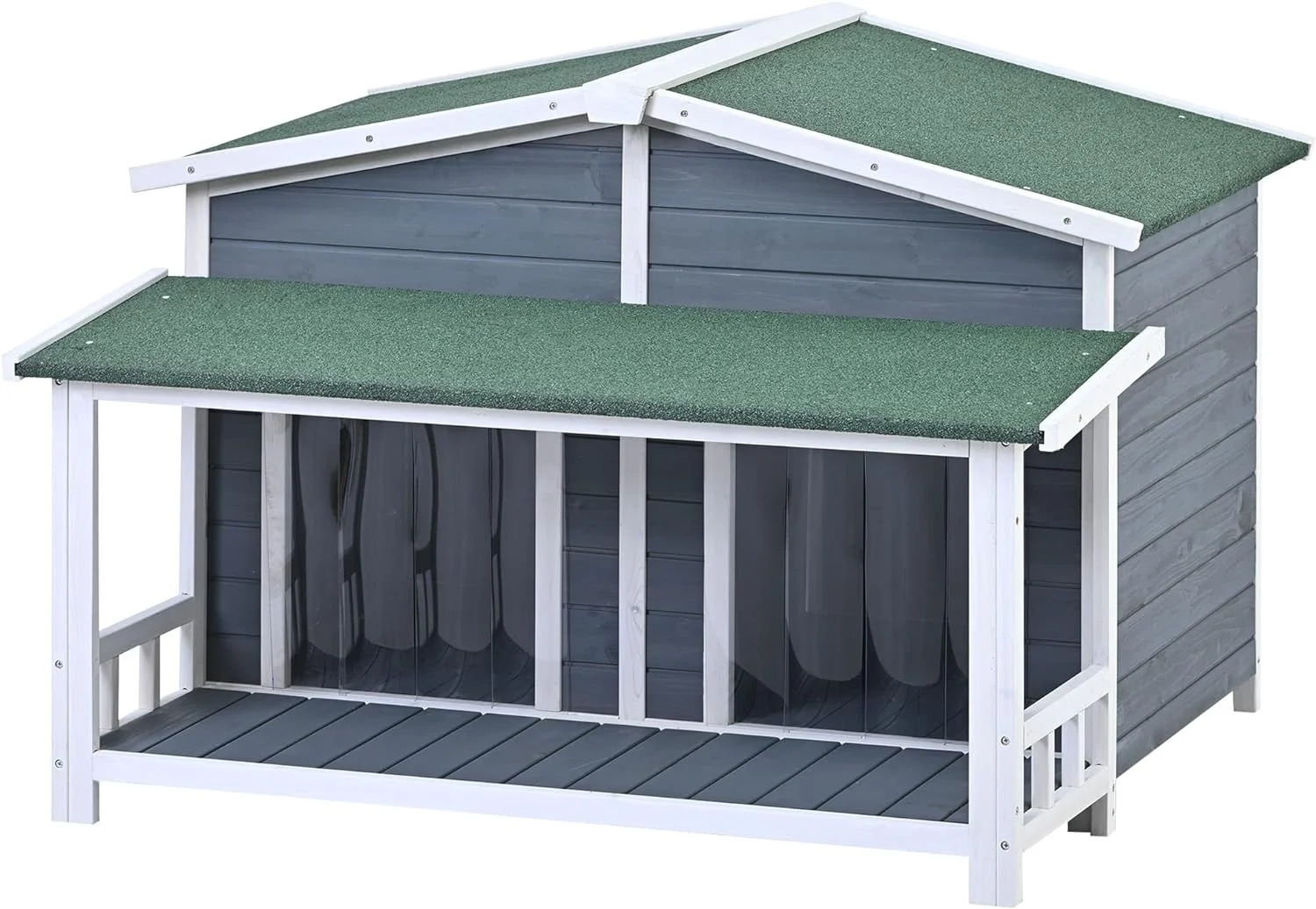 Large Wooden Dog House Outdoor, Outdoor & Indoor Dog Crate, Cabin Style, With Porch, 2 Doors, Gray And Green
