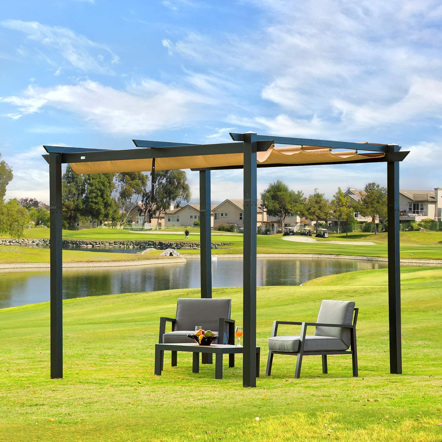 Outdoor Pergolas (2021 New) - Patio Aluminum Retractable Pergola Outdoor Gazebo Heavy Duty Grape Trellis Sunshade Canopy with Natural Wood Looking Finish by domi outdoor living (Martinique 10x13ft)