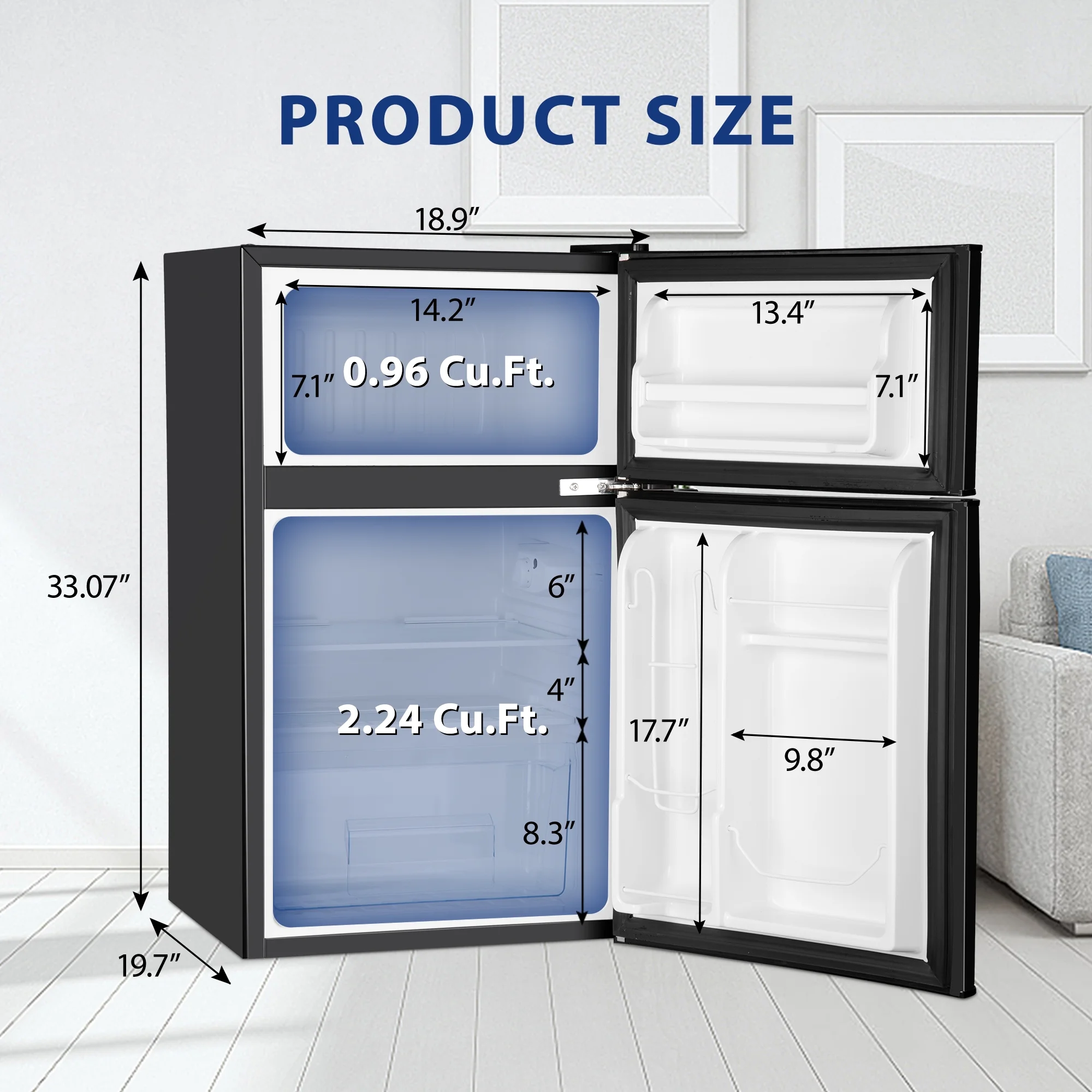 Simzlife 3.2 Cu ft Two Door Mini Refrigerator with Freezer, Compact Small Fridge Adjustable Removable Shelves, Black