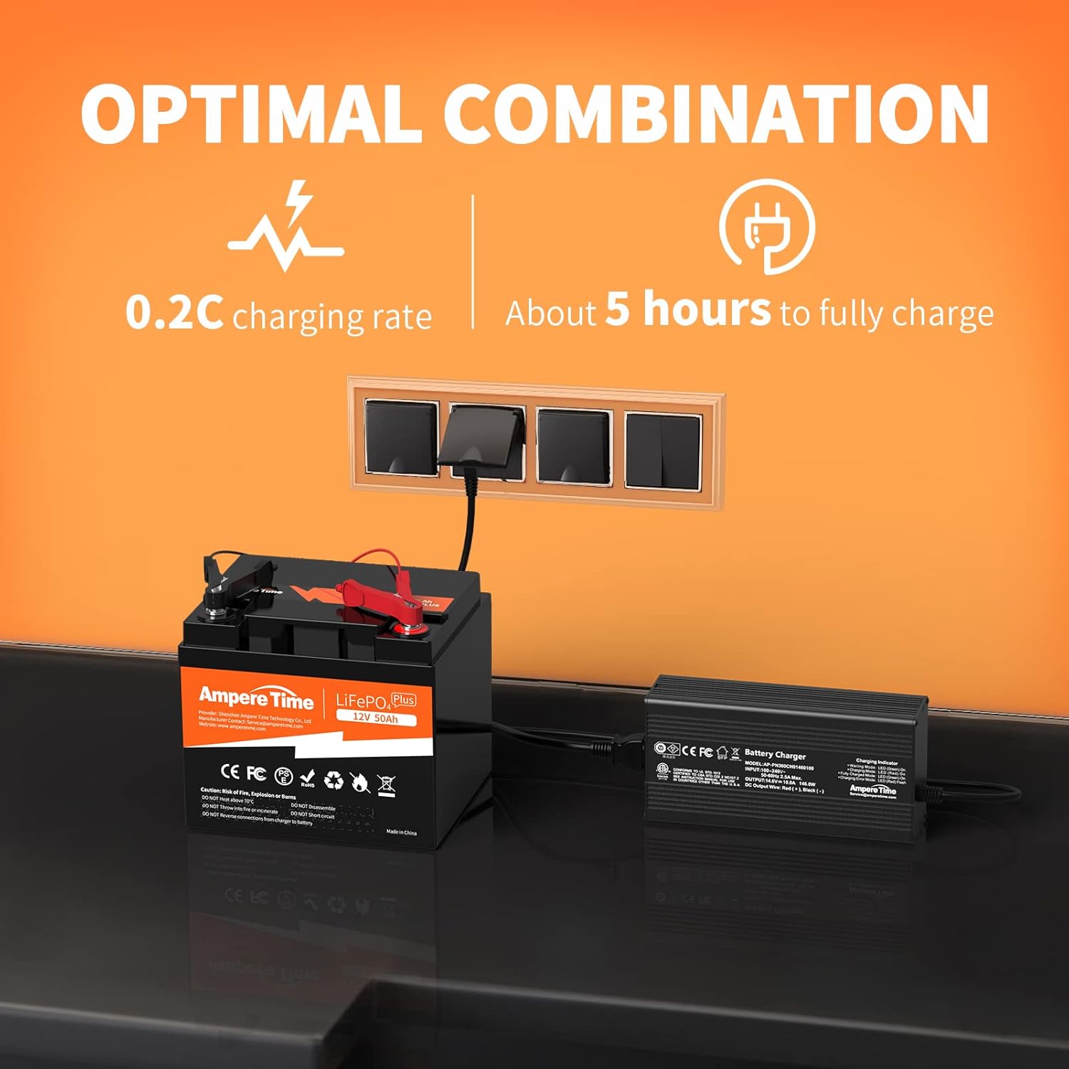 Ampere Time 12V 200Ah LiFePO4 Battery with 14.6V 20A Dedicated Lithium Battery Charger; Built-in 200A BMS, 4000+ Cycles, Perfect for RV, Solar, Marine, Overland, Off-Grid Application��
