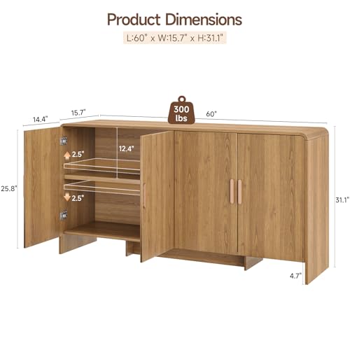 60" Sideboard Buffet Cabinet with Storage, Curved Design Farmhouse Coffee Bar Cabinet with 4 Doors & Adjustable Shelves for Living Room, Kitchen, Hallway, Walnut