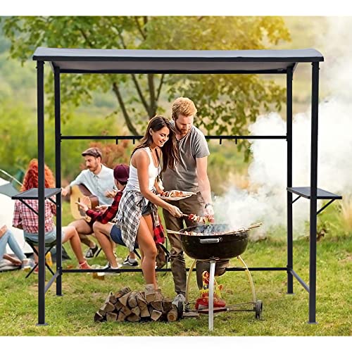 COBANA Grill Gazebo 8’by 4.6’ Outdoor Patio BBQ Canopy with Single-Tier Soft Top and Metal Shelves, Beige