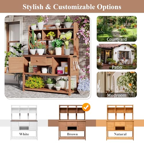 Outdoor Wooden Potting Bench Table – Farmhouse Garden Workstation with Drawers, Cabinet & Storage Shelves, Large Fir Wood Work Table for Patio, Backyard, Mudroom, Greenhouse (Light Brown, 66''H)
