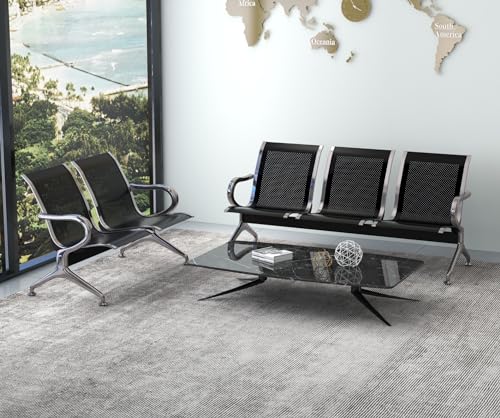 Kinsuite Waiting Room Bench Reception Chairs - Waiting Room Chairs Set of 2 with Arms 3-Seat PU Airport Reception Bench, Waiting Room Bench for Business Hospital Market, Black