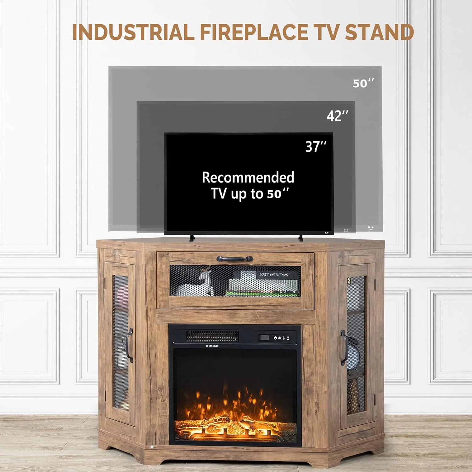 NLIBOOMLife TV Corner Fireplace TV Stand for TVs Up to 50 Inch  Small TV Stand for Bedroom  Living Room  Industrial Metal Mesh Door  Oak Brown