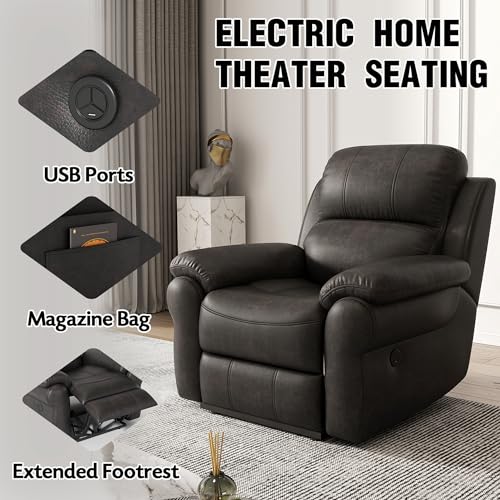 Power Recliner Chair with USB Ports & Magazine Bag, Home Breathable Fabric Movie Theater Seating Single Recliner Chair Sofa Manual for Bedroom Living Room (Black & 1 Seat)
