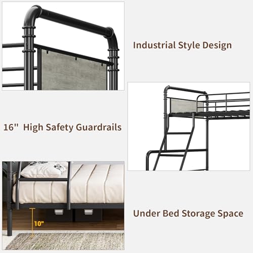 IDEALHOUSE Metal Bunk Bed Twin Over Twin, Twin Bunk Beds, Heavy Duty Twin Size Metal Bunk Bed with High Guardrail & Ladders, Convertible Bunk Beds for Kids Adults, No Box Spring Needed