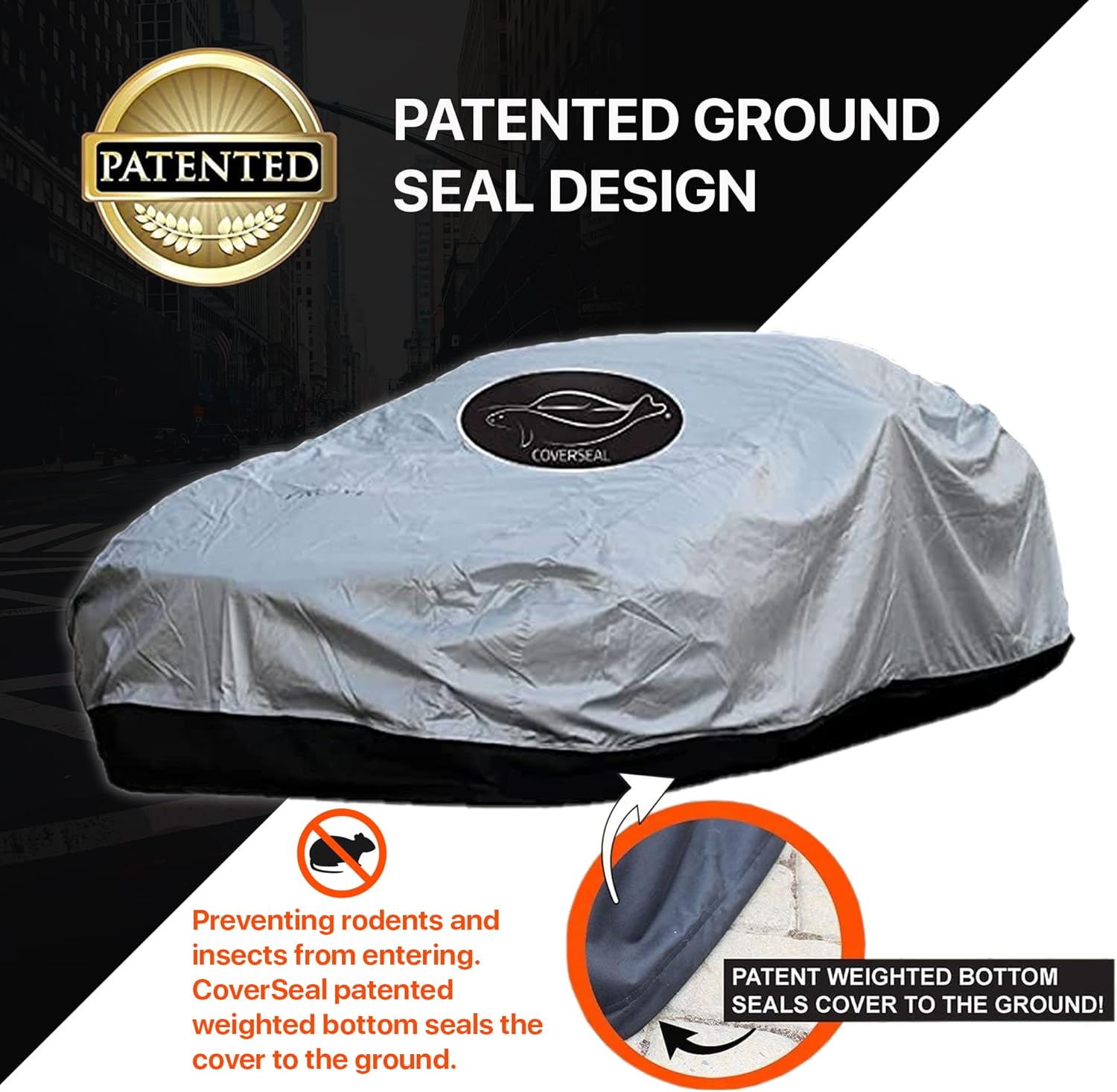 CoverSeal Heavy Duty Outdoor Car Cover with Patented Weighted Ground Conforming Apron Seal - All Weather Waterproof Car Cover for Automobiles - Full Size 230 L x 70-75 W x 73 H inch Max