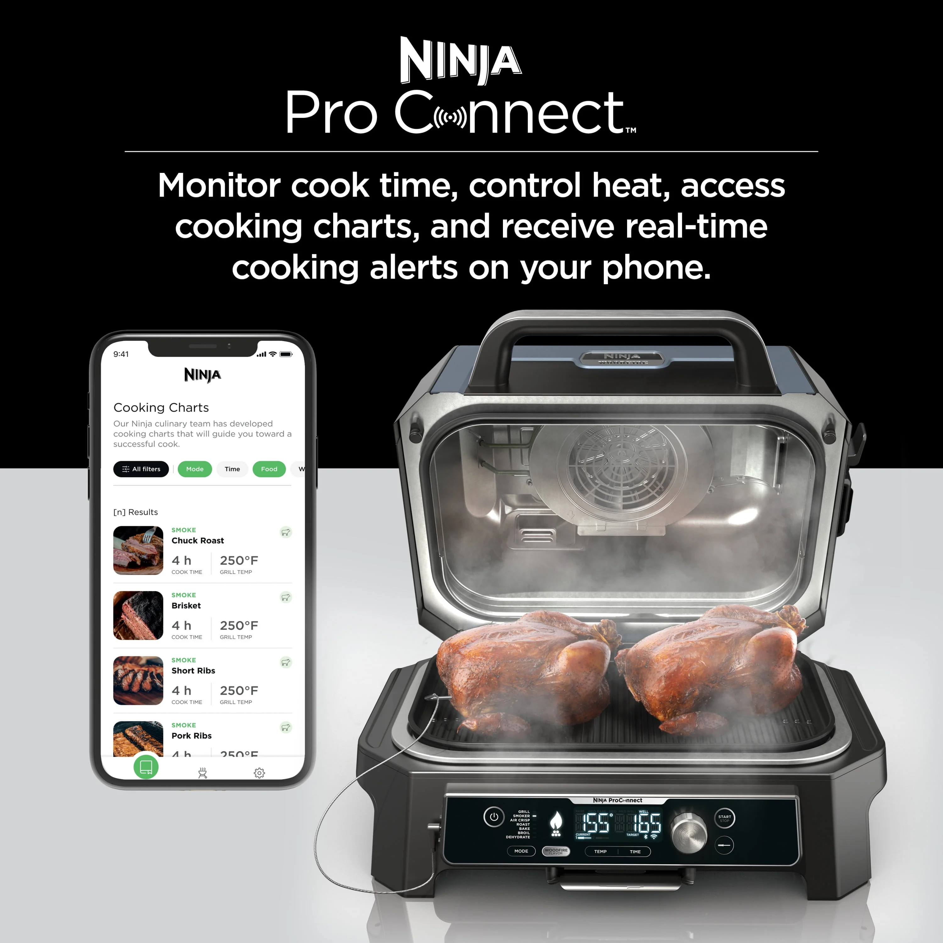 Ninja Woodfire ProConnect XL Outdoor 7-in-1 Grill & Smoker, App Enabled, Outdoor Air Fryer, Woodfire Technology, OG900