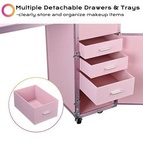 BYOOTIQUE Masslux Foldable Rolling Manicure Table Nail Desk Makeup Train Case with 4 Drawers Mirror & Speaker, Pink