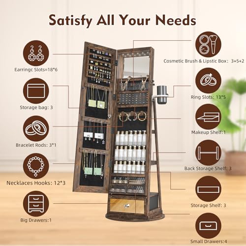 4 Wheels Jewelry Armoire with LED Light, Movable Jewelry Cabinet Standing with Full-Length Mirror, Lockable Jewelry Organizer with Mirror Storage Drawer, White