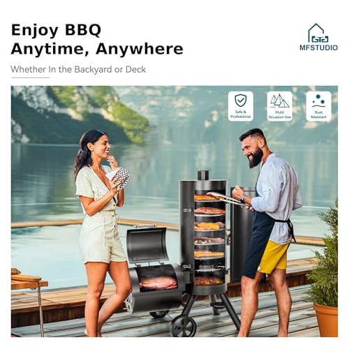 MFSTUDIO Heavy Duty Smoker, X-Large Charcoal Grill with Offset Smoker, 942 sq.in. Cooking Area, For Outdoor Camping Family & Friends Gathering, Black