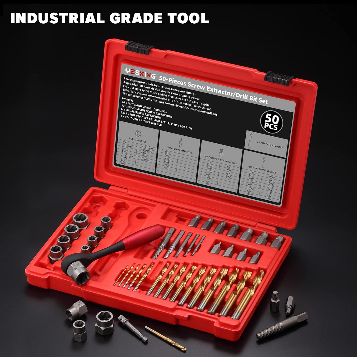 YESKING 50-Piece Screw Extractor and Drill Bit Set, Multi-Spline Extractors, Bolt extractors, Drill Bits and Stripped Nut Remover for Removing Broken Studs, Bolts, Socket Screws, and Fittings