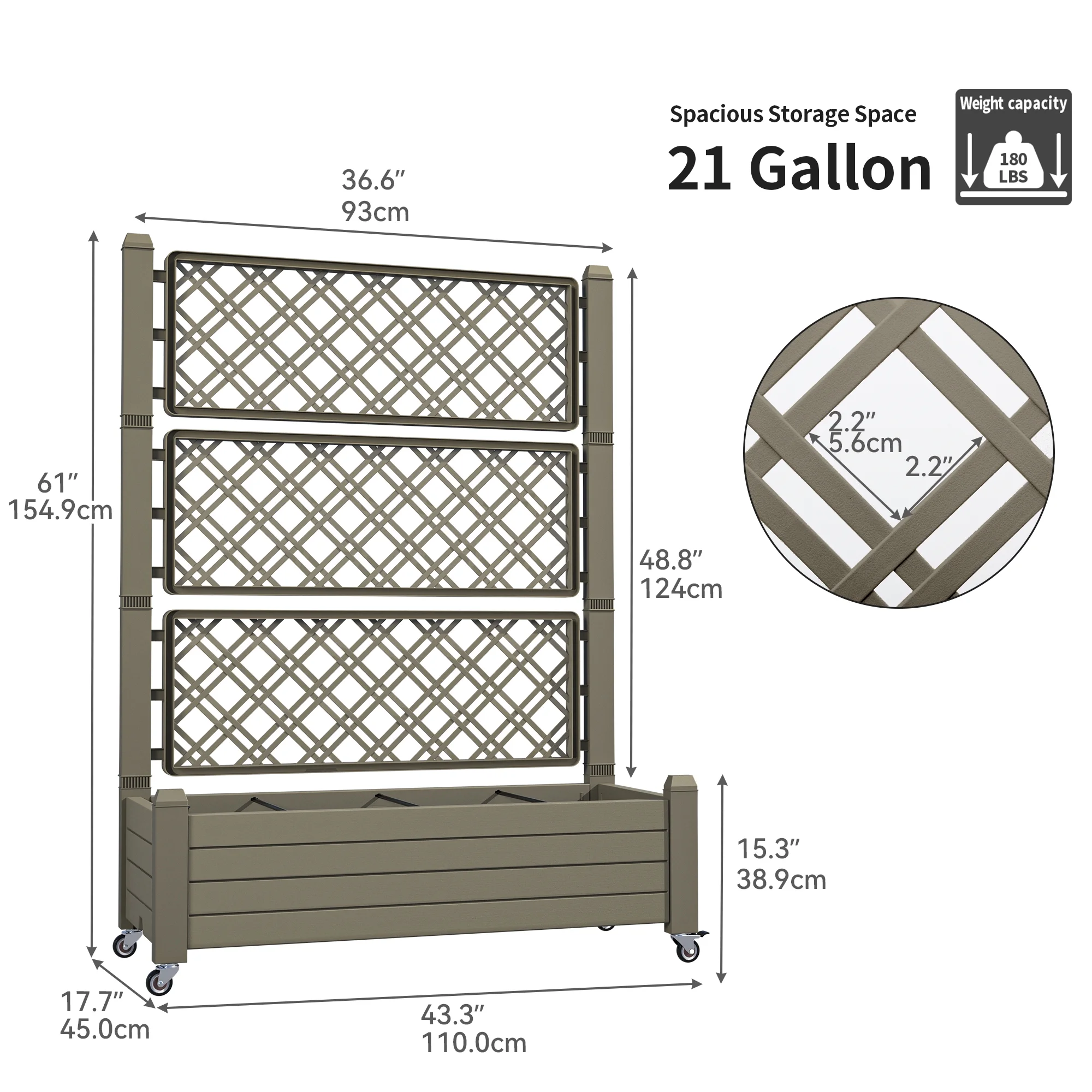 Dextrus 61'' Large Planter Box; Outdoor Raised Garden Bed with Trellis and Lockable Wheels,Ideal for Vines and Climbing Plants,with Drain Plug,43.3"L x 17.7"W x 61"H - Light Brown