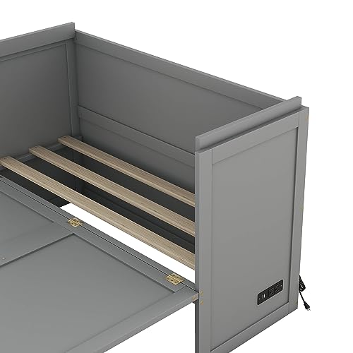Full Size Murphy Bed, Cube Cabinet Space-Saving Murphy Bed with Shelf and Built-in Charging Station for Multipurpose Guest Room or Home Office,Gray