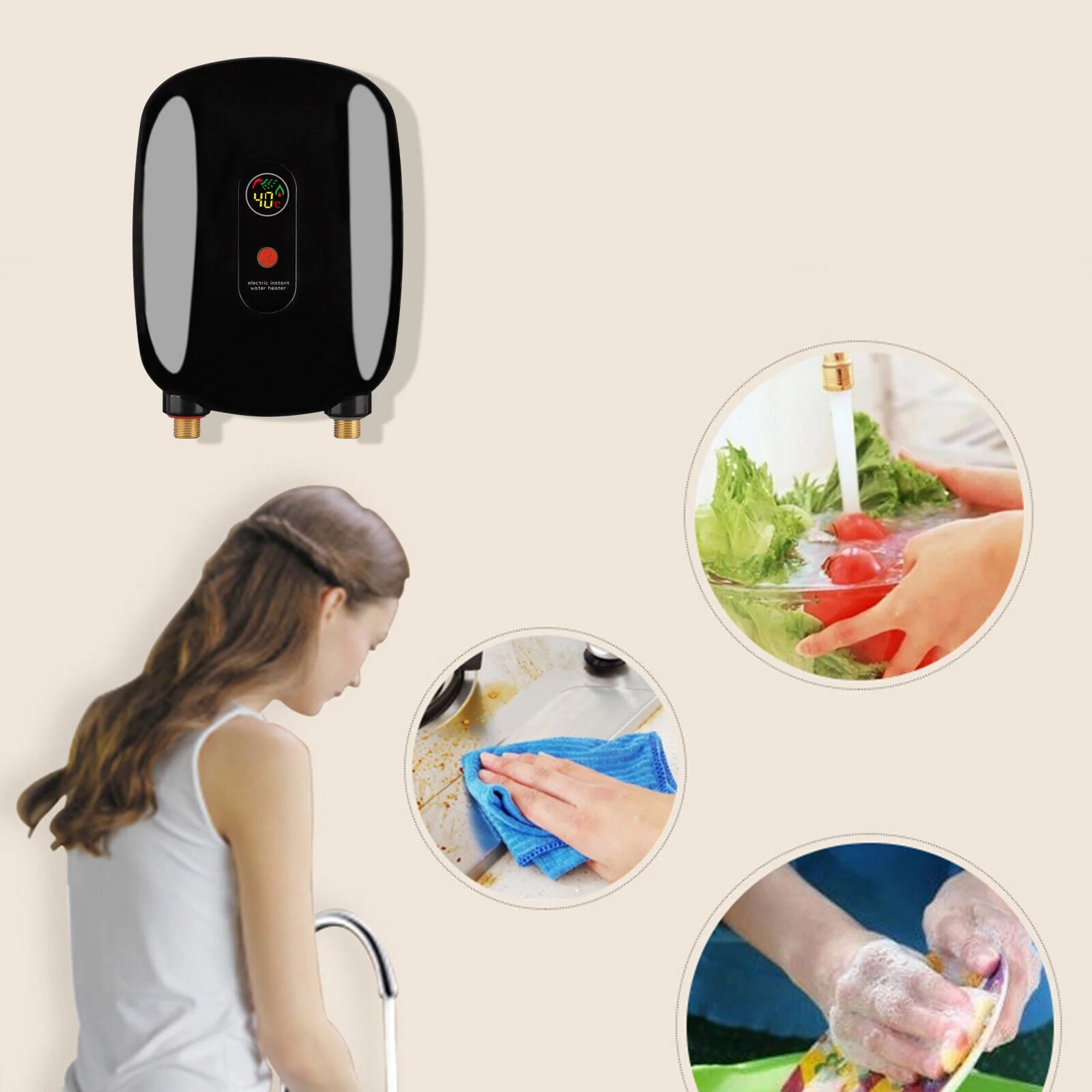 DENEST Mini Instant Electric Hot Water Heater for Kitchen Bathroom Shower Sink 3000W