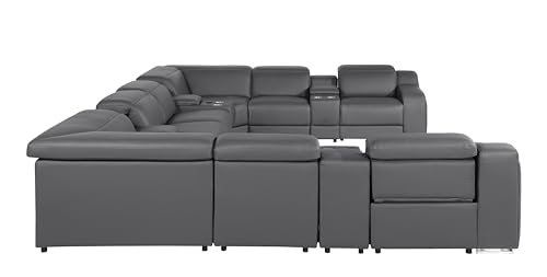 Ibero 12-Piece Italian Leather Sectional Sofa Set with 4 Recliners, Power Adjustable Headrests, USB and Wireless Phone Charger and Console Storage, Light Gray