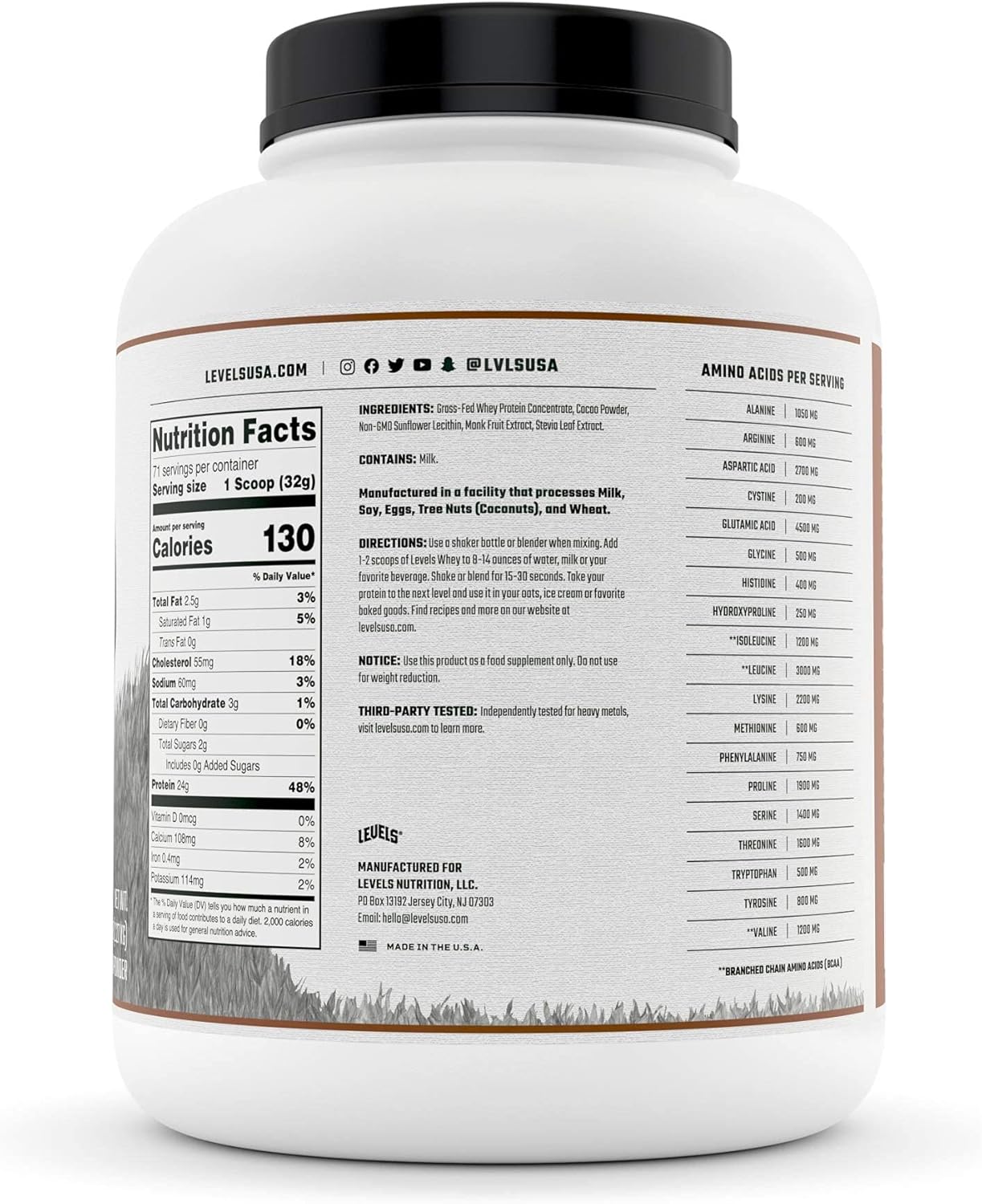 Levels Grass Fed 100% Whey Protein, No GMOs, Pure Chocolate, 5LB Pack of 2