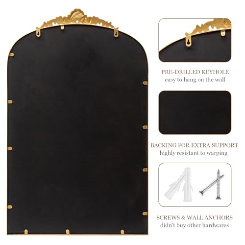 24" x 38" Antique Gold Arch Bathroom Mirror, Traditional Beaded Frame Wall Mirror, Retro Baroque Inspired Decorative Mirror for Vanity Bedroom Entryway Mantel