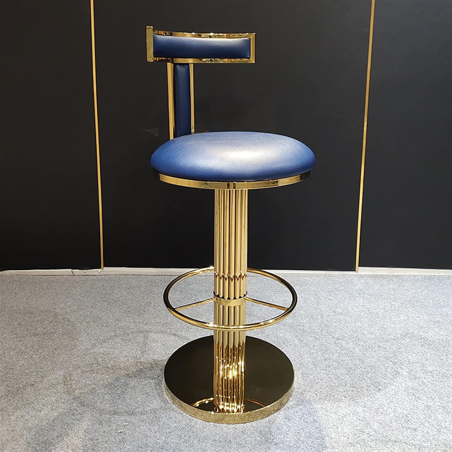 Modern and Fashionable High-end Bar Stools with Backrest 360-degree Rotating Bar Stools Stainless Steel Microfiber Leather Household Creativity 45X68X95CM (Champagne Gold + Blue)