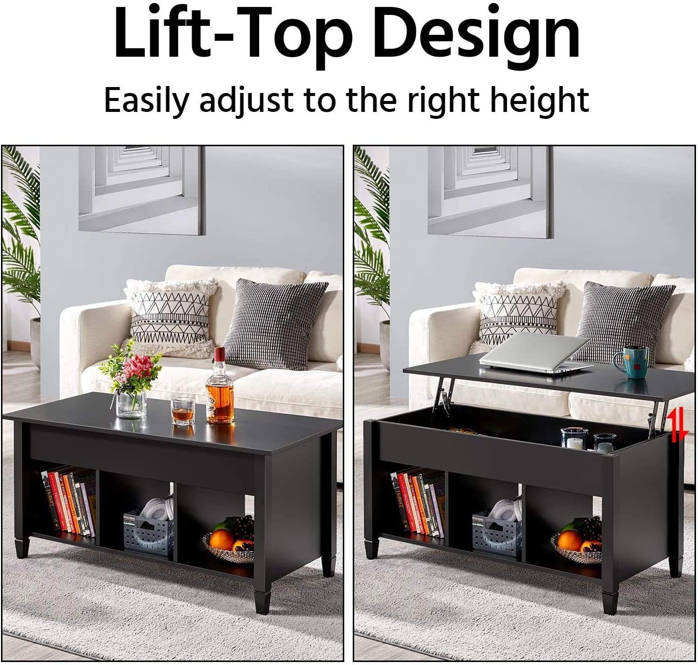 Coffee Table Lift Top Wood Home Living Room Modern Lift Top Storage Coffee Table w/Hidden Compartment Lift Tabletop Furniture, with 3 Hidden Compartment Storage Shelf (Black)