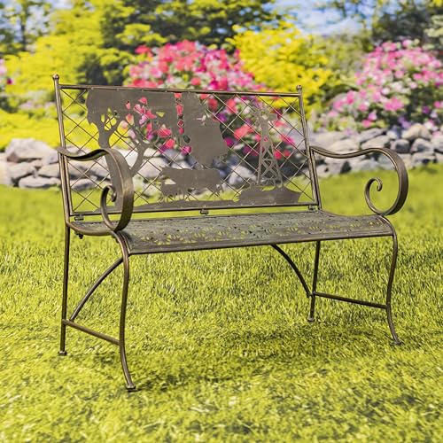 Classic Iron Garden Bench with Nature Scenery (Blooming Tree Backrest in Green)
