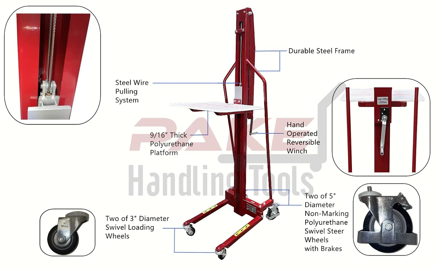 Pake Handling Tools - Winch Stacker, Manual Work Positioner Lift Truck - Steel Lightweight and Easily Maneuverable Lift with 220 lbs Capacity 59" Lift Height
